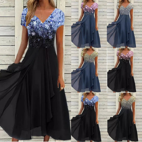 Elegant Lace Patchwork Chiffon Dress for Women Long Bridesmaid Evening Dress